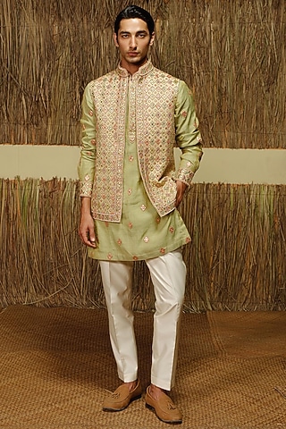 Mint Green Raw Silk Nehru Jacket Set by Amaare