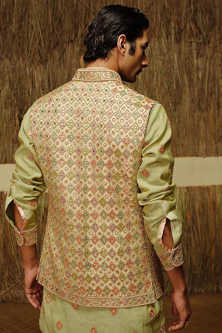 Mint Green Raw Silk Nehru Jacket Set by Amaare at Pernia's Pop Up Shop