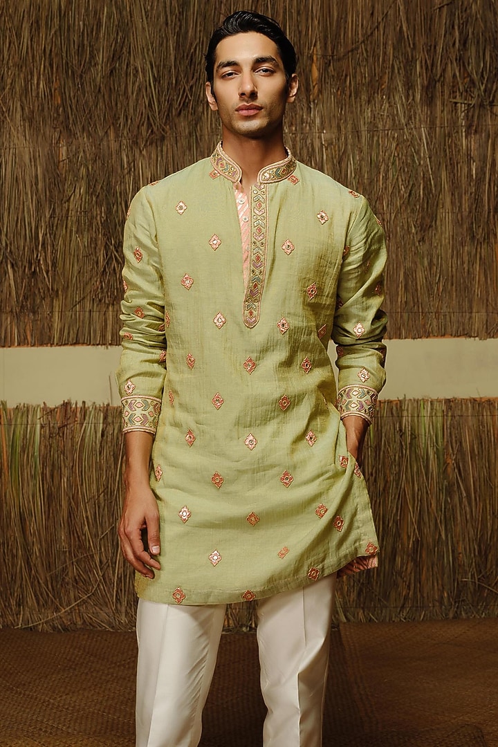 Mint Green Raw Silk Nehru Jacket Set by Amaare at Pernia's Pop Up Shop