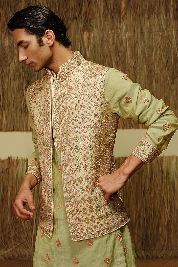 Mint Green Raw Silk Nehru Jacket Set by Amaare at Pernia's Pop Up Shop