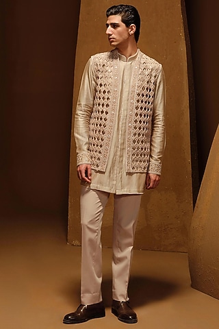 Beige Habutai Silk Nehru Jacket Set by Amaare