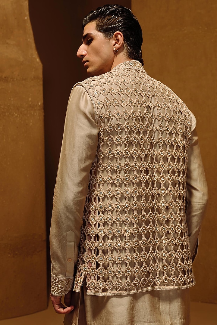 Beige Habutai Silk Nehru Jacket Set by Amaare at Pernia's Pop Up Shop
