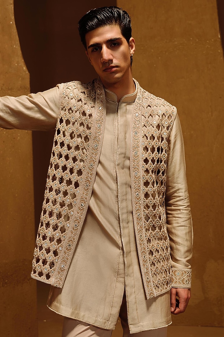 Beige Habutai Silk Nehru Jacket Set by Amaare at Pernia's Pop Up Shop