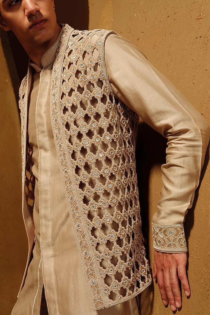Beige Habutai Silk Nehru Jacket Set by Amaare at Pernia's Pop Up Shop