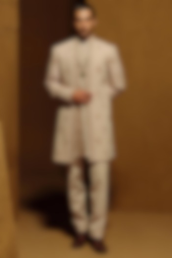 Beige Silk Wool Blend Indo-Western Set by Amaare at Pernia's Pop Up Shop