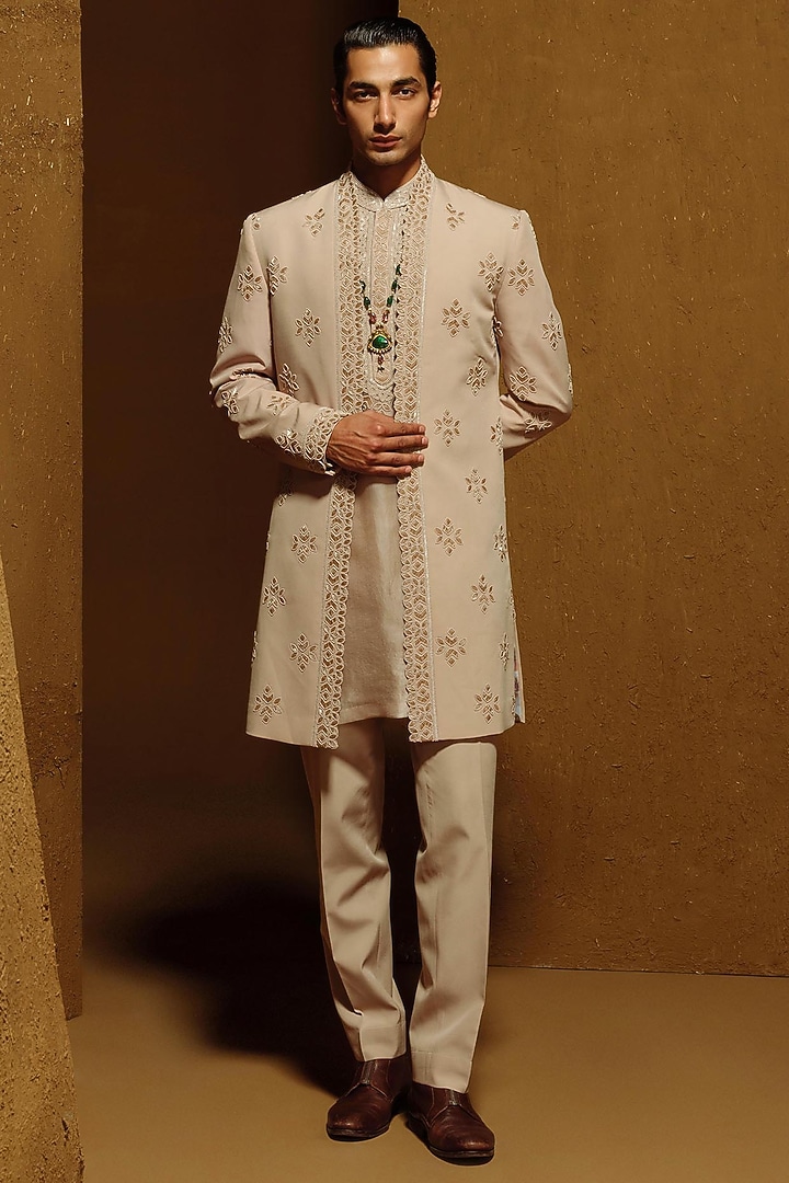 Beige Silk Wool Blend Indo-Western Set by Amaare at Pernia's Pop Up Shop