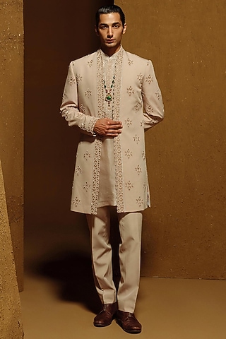 Beige Silk Wool Blend Indo-Western Set by Amaare