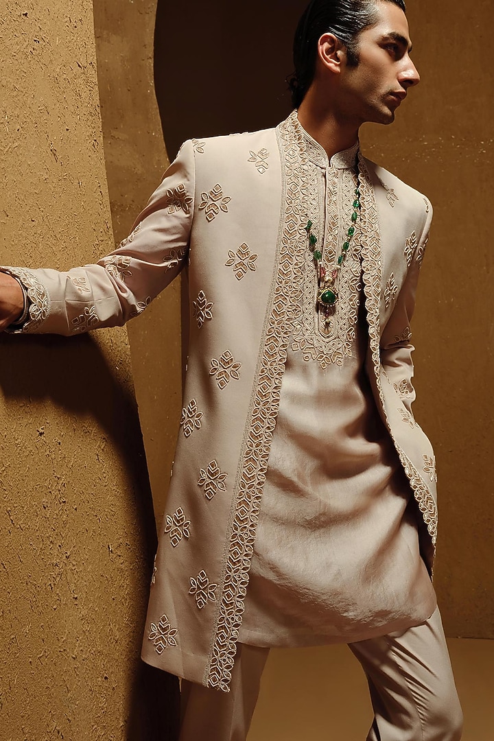 Beige Silk Wool Blend Indo-Western Set by Amaare at Pernia's Pop Up Shop