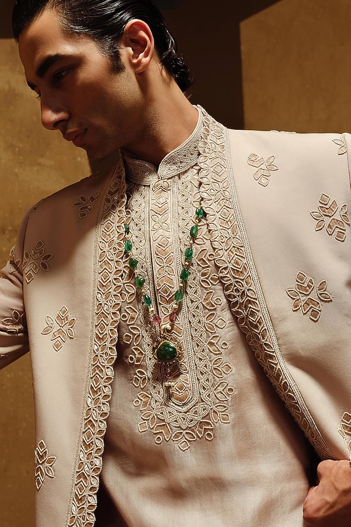Beige Silk Wool Blend Indo-Western Set by Amaare at Pernia's Pop Up Shop
