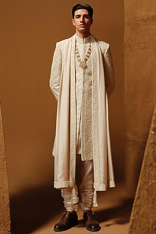 Ivory Raw Silk Thread Embroidered Sherwani Set by Amaare