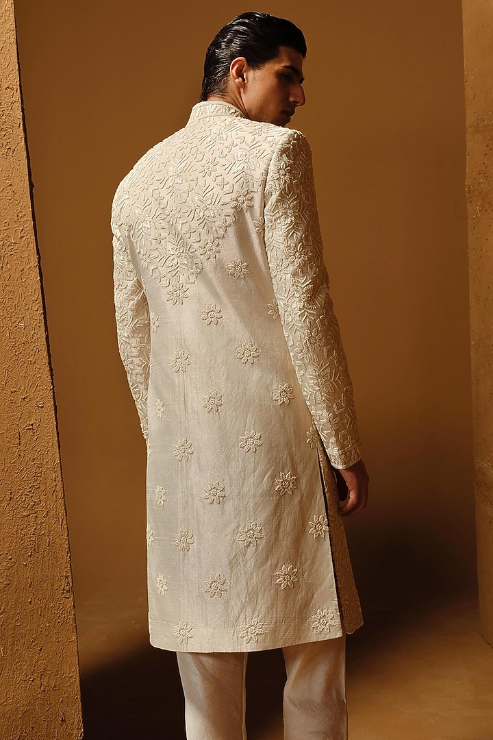 Ivory Raw Silk Thread Embroidered Groom Sherwani Set by Amaare at Pernia's Pop Up Shop