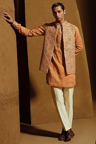 Peach Silk Tissue Nehru Jacket Set by Amaare