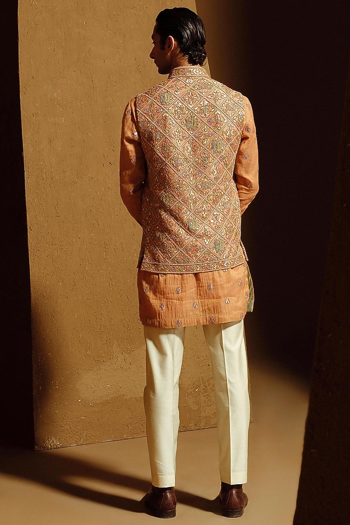Peach Silk Tissue Nehru Jacket Set by Amaare at Pernia's Pop Up Shop