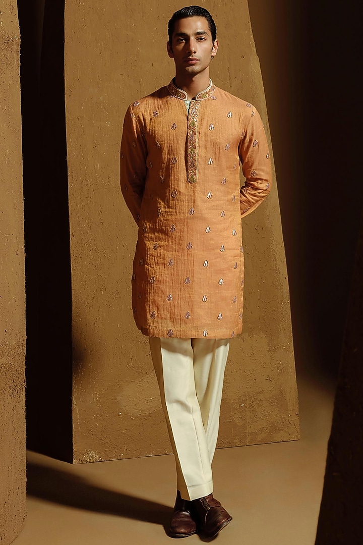 Peach Silk Tissue Nehru Jacket Set by Amaare at Pernia's Pop Up Shop