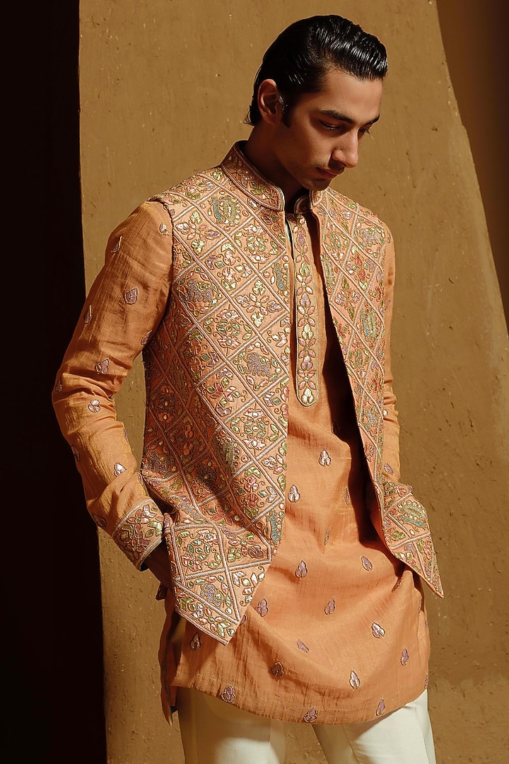 Peach Silk Tissue Nehru Jacket Set by Amaare at Pernia's Pop Up Shop
