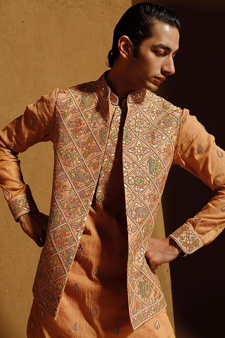 Peach Silk Tissue Nehru Jacket Set by Amaare at Pernia's Pop Up Shop