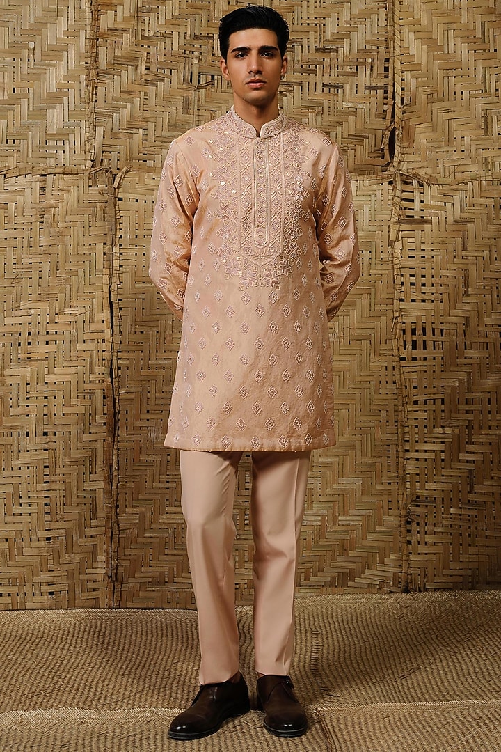 Dusty Pink Silk Tissue Hand Embroidered Kurta Set by Amaare at Pernia's Pop Up Shop