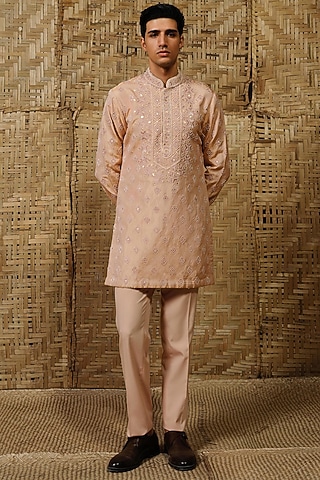 Dusty Pink Silk Tissue Hand Embroidered Kurta Set by Amaare