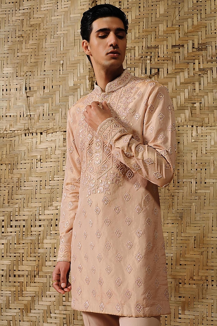 Dusty Pink Silk Tissue Hand Embroidered Kurta Set by Amaare at Pernia's Pop Up Shop