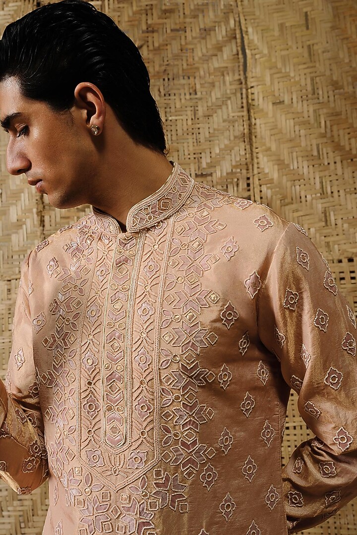 Dusty Pink Silk Tissue Hand Embroidered Kurta Set by Amaare at Pernia's Pop Up Shop