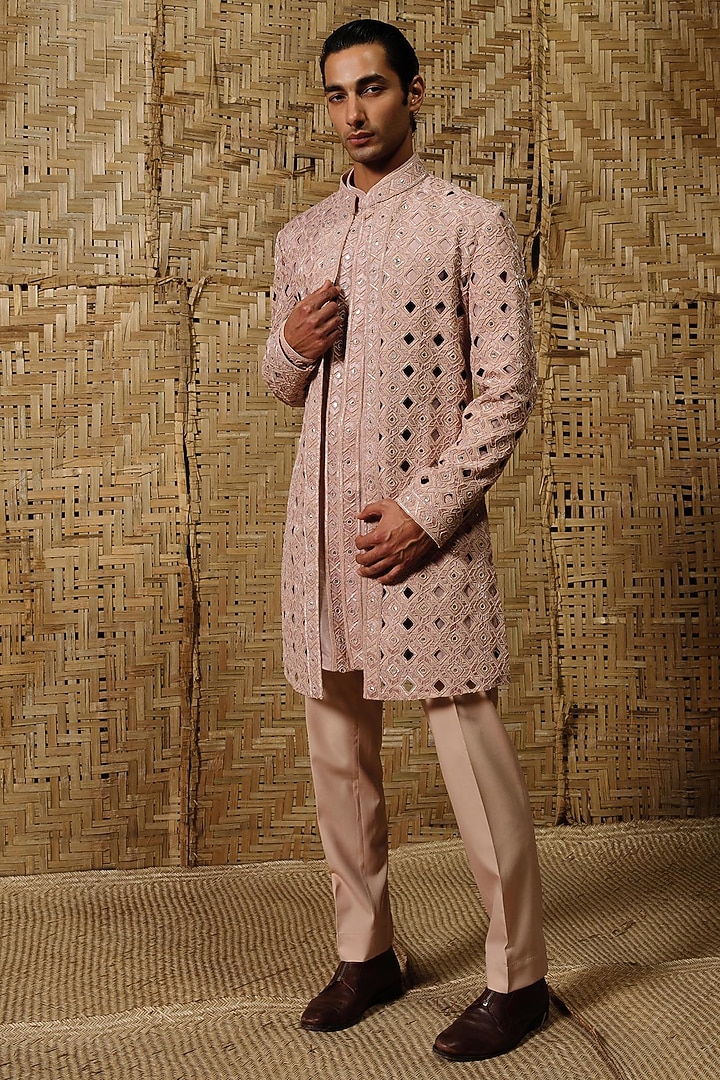 Dusty Pink Silk Wool Blend Hand Embroidered Groom Indowestern Set by Amaare at Pernia's Pop Up Shop