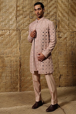 Dusty Pink Silk Wool Blend Hand Embroidered Indowestern Set by Amaare
