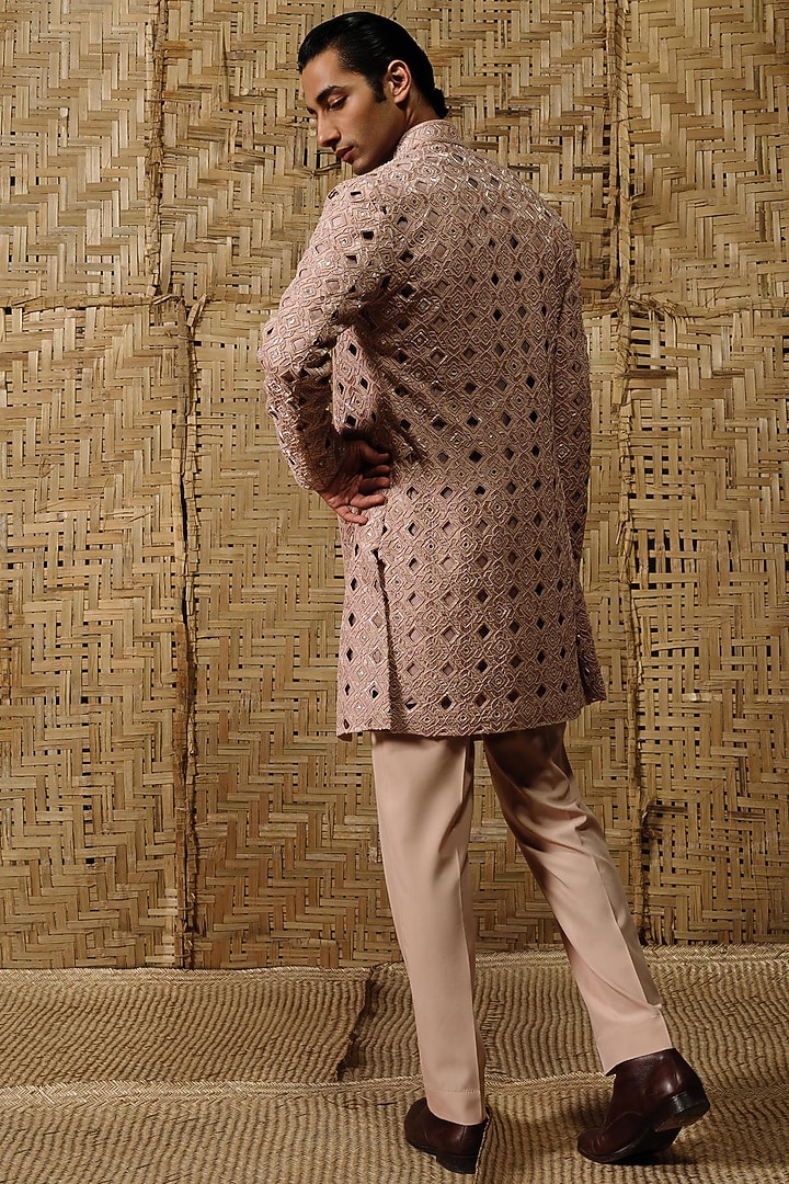 Dusty Pink Silk Wool Blend Hand Embroidered Groom Indowestern Set by Amaare at Pernia's Pop Up Shop