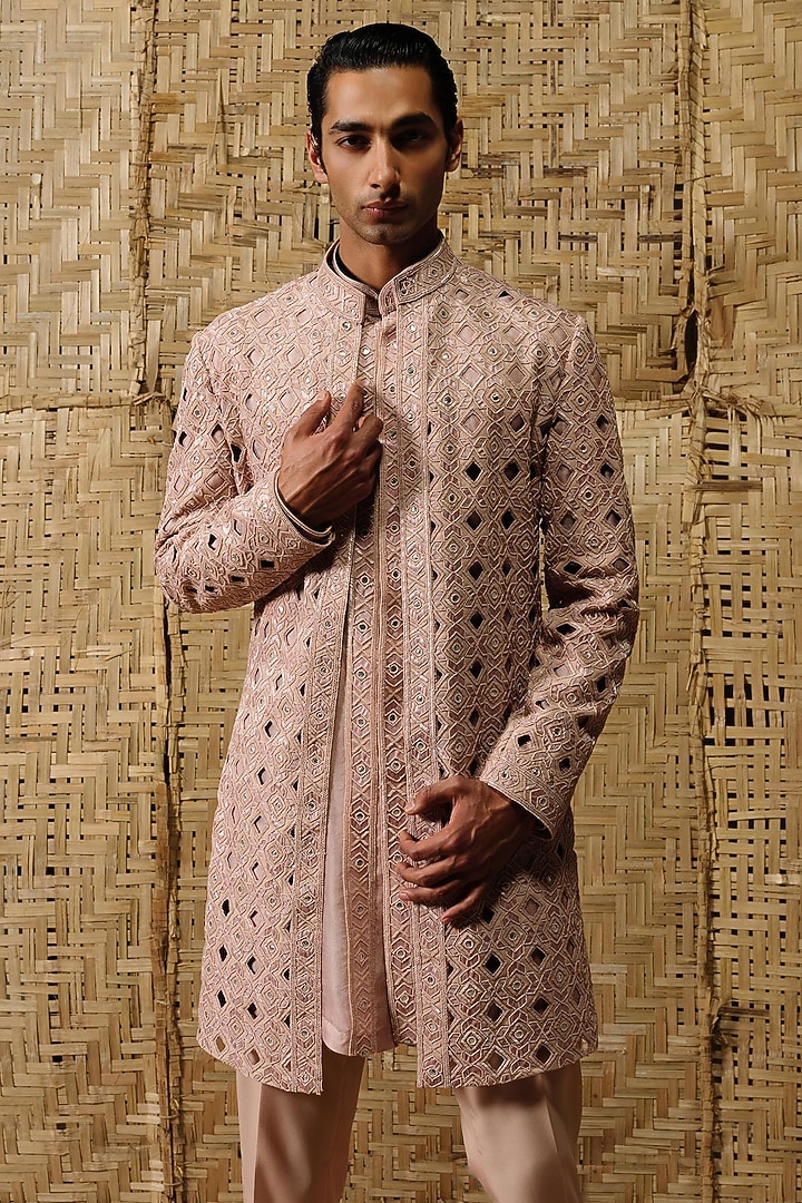 Dusty Pink Silk Wool Blend Hand Embroidered Groom Indowestern Set by Amaare at Pernia's Pop Up Shop