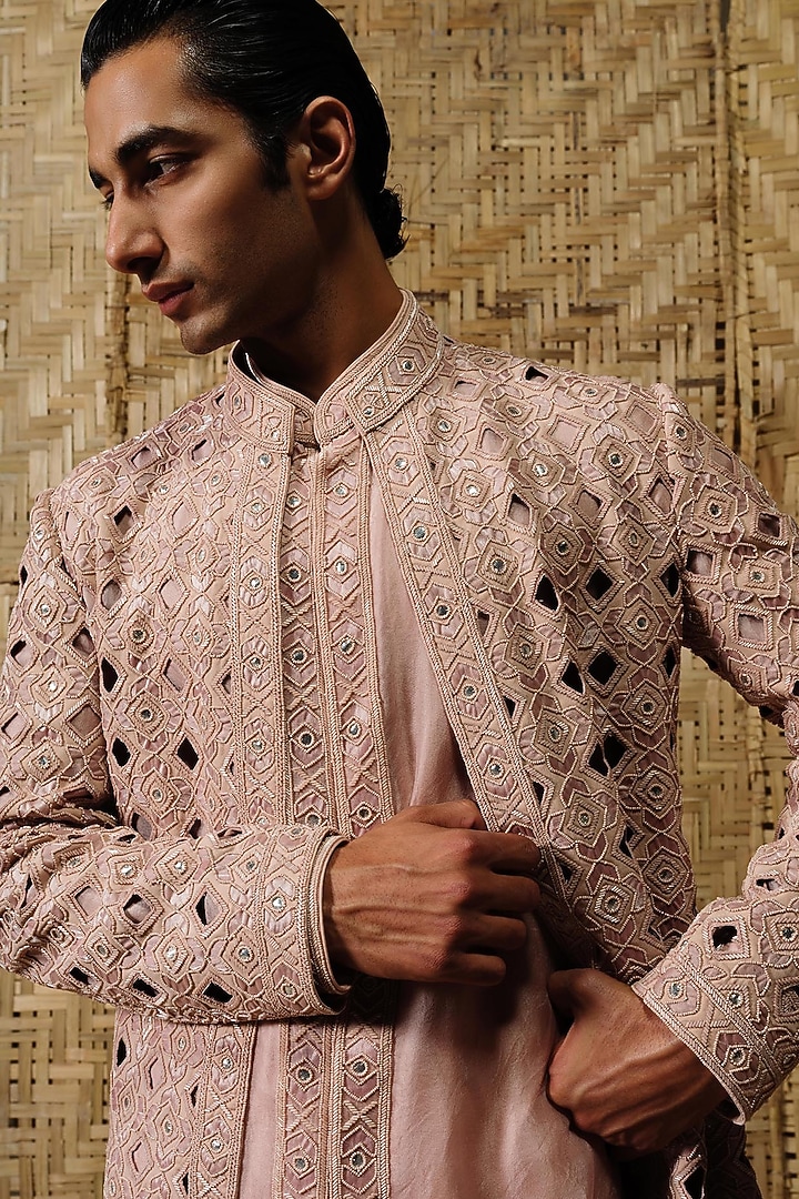 Dusty Pink Silk Wool Blend Hand Embroidered Groom Indowestern Set by Amaare at Pernia's Pop Up Shop