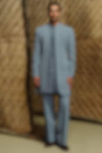 Denim Blue Silk Wool Blend Hand Embroidered Groom Indowestern Set by Amaare at Pernia's Pop Up Shop