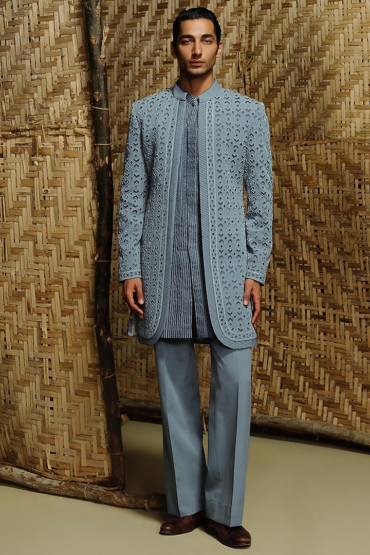 Denim Blue Silk Wool Blend Hand Embroidered Groom Indowestern Set by Amaare at Pernia's Pop Up Shop