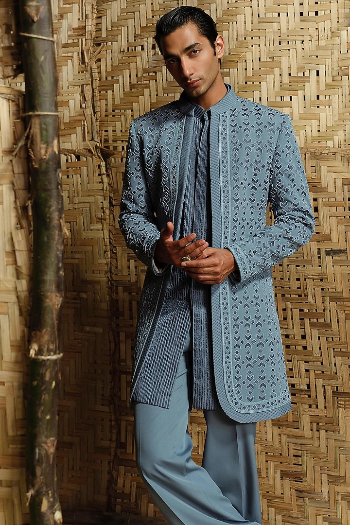 Denim Blue Silk Wool Blend Hand Embroidered Groom Indowestern Set by Amaare at Pernia's Pop Up Shop