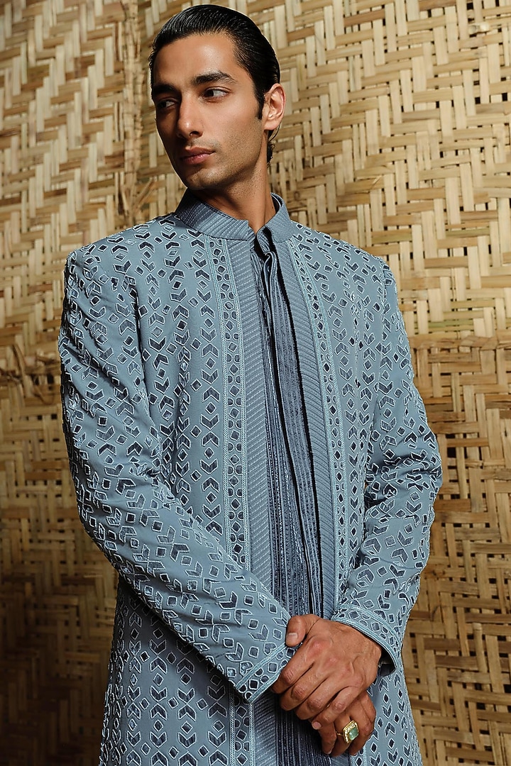 Denim Blue Silk Wool Blend Hand Embroidered Groom Indowestern Set by Amaare at Pernia's Pop Up Shop