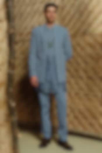 Denim Blue Silk Wool Blend Groom Bandhgala Set by Amaare at Pernia's Pop Up Shop