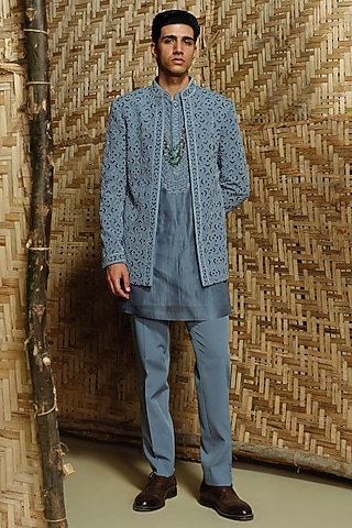 Denim Blue Silk Wool Blend Bandhgala Set by Amaare