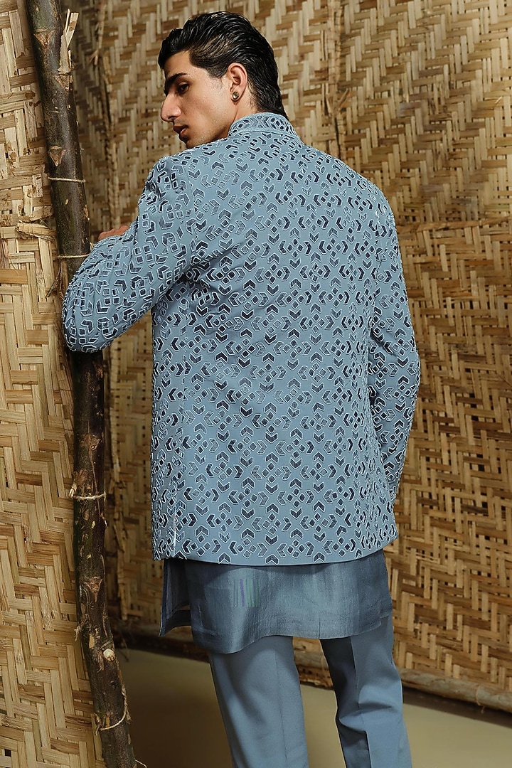 Denim Blue Silk Wool Blend Groom Bandhgala Set by Amaare at Pernia's Pop Up Shop