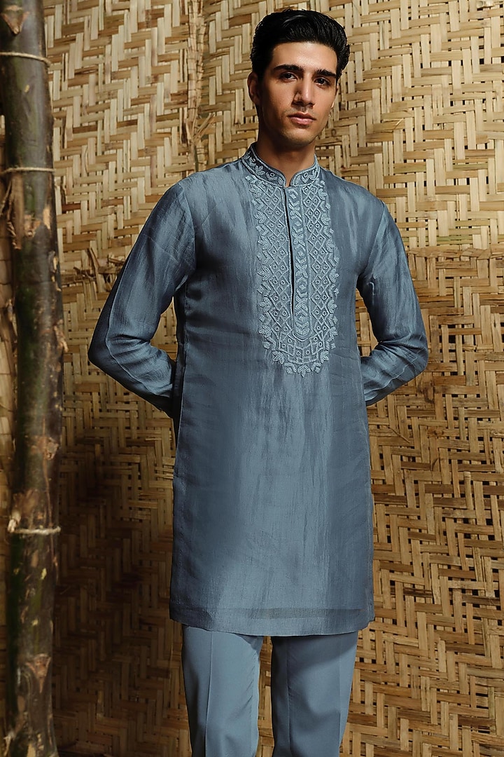 Denim Blue Silk Wool Blend Groom Bandhgala Set by Amaare at Pernia's Pop Up Shop