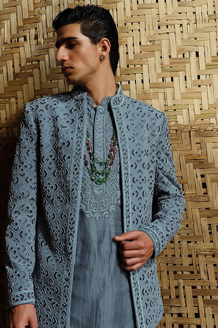 Denim Blue Silk Wool Blend Groom Bandhgala Set by Amaare at Pernia's Pop Up Shop