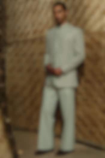 Pistachio Green Silk Wool Blend Hand Embroidered Groom Bandhgala Set by Amaare at Pernia's Pop Up Shop