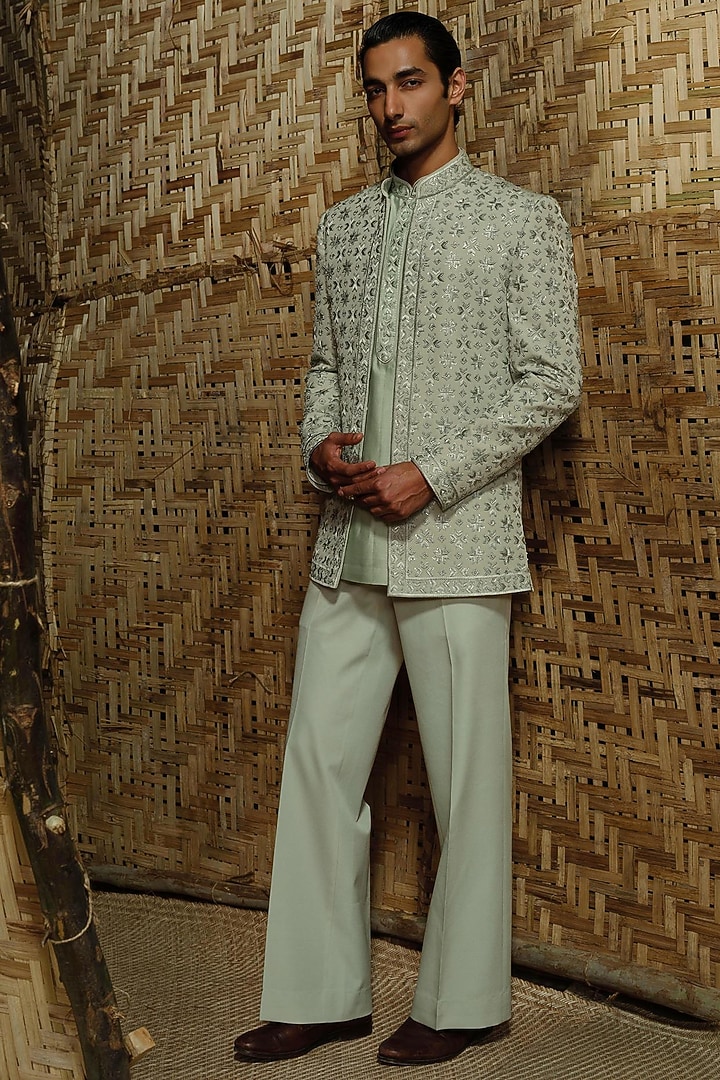 Pistachio Green Silk Wool Blend Hand Embroidered Groom Bandhgala Set by Amaare at Pernia's Pop Up Shop