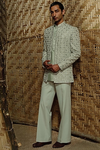 Pistachio Green Silk Wool Blend Hand Embroidered Bandhgala Set by Amaare