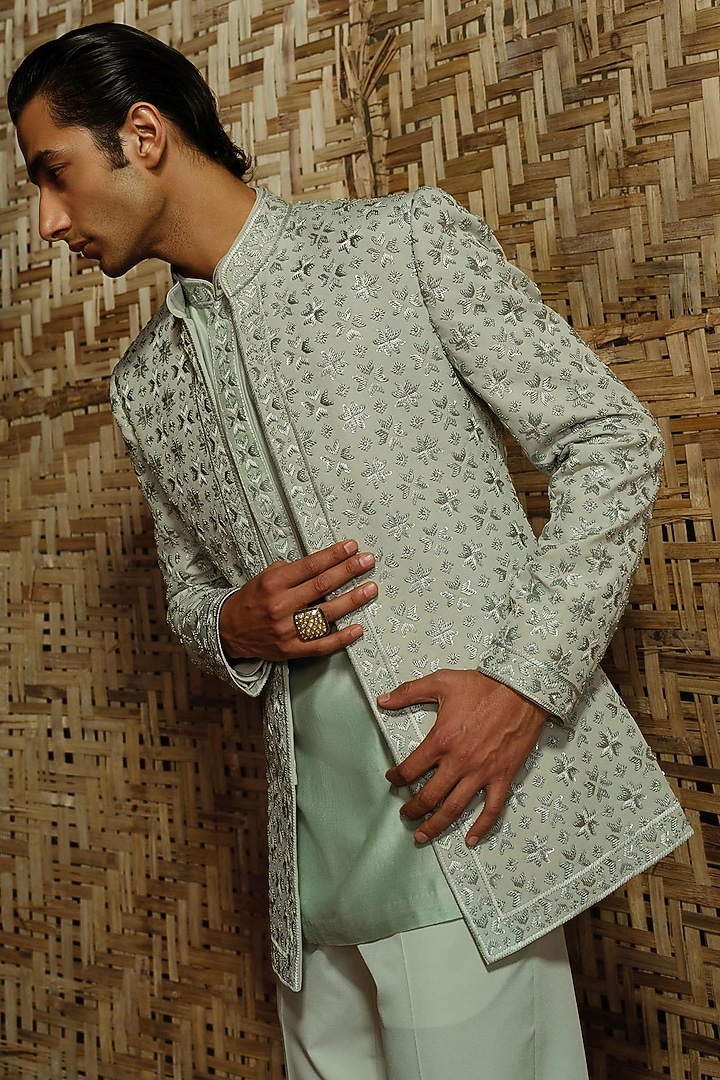 Pistachio Green Silk Wool Blend Hand Embroidered Groom Bandhgala Set by Amaare at Pernia's Pop Up Shop