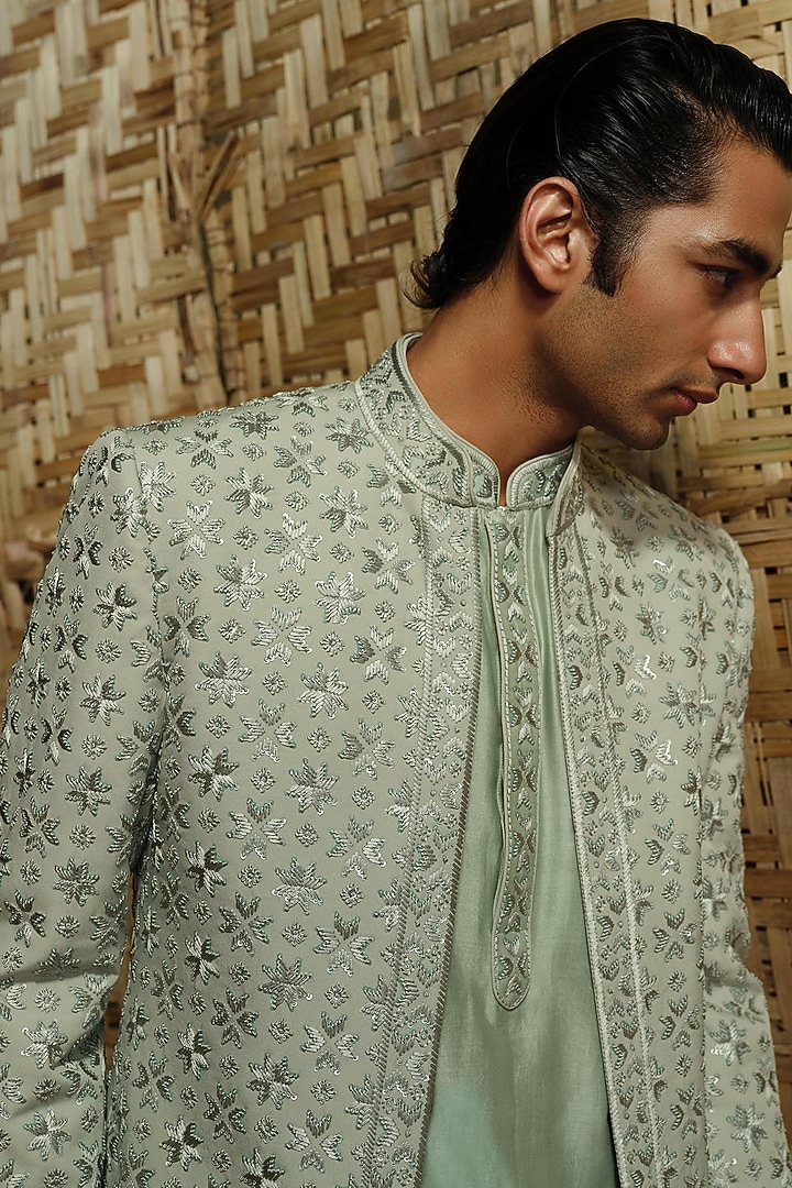 Pistachio Green Silk Wool Blend Hand Embroidered Groom Bandhgala Set by Amaare at Pernia's Pop Up Shop