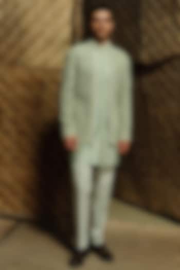 Pistachio Green Silk Wool Blend Cutwork Hand Embroidered Groom Bandhgala Set by Amaare at Pernia's Pop Up Shop