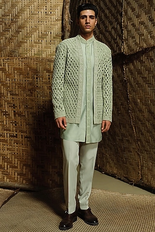Pistachio Green Silk Wool Blend Cutwork Hand Embroidered Bandhgala Set by Amaare