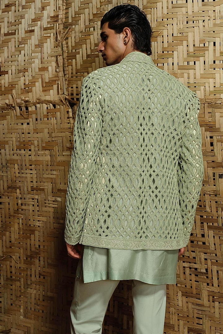 Pistachio Green Silk Wool Blend Cutwork Hand Embroidered Groom Bandhgala Set by Amaare at Pernia's Pop Up Shop