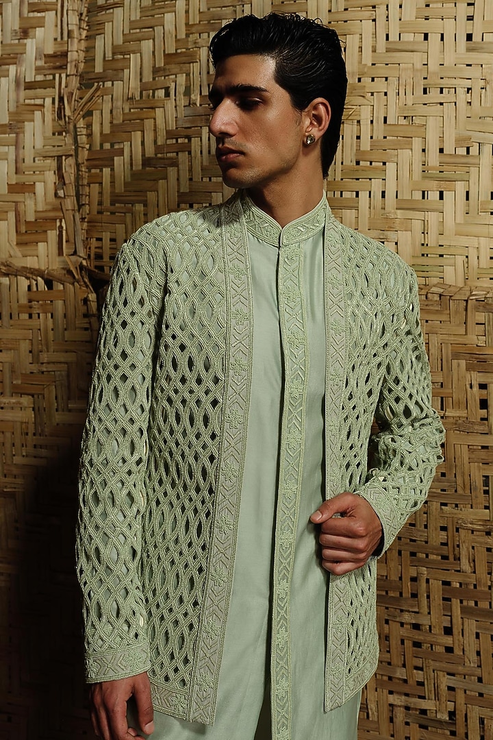 Pistachio Green Silk Wool Blend Cutwork Hand Embroidered Groom Bandhgala Set by Amaare at Pernia's Pop Up Shop