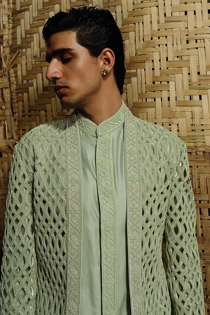 Pistachio Green Silk Wool Blend Cutwork Hand Embroidered Groom Bandhgala Set by Amaare at Pernia's Pop Up Shop