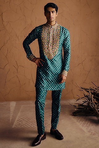 Green Habutai Silk Sequins Embroidered Kurta Set by Amaare
