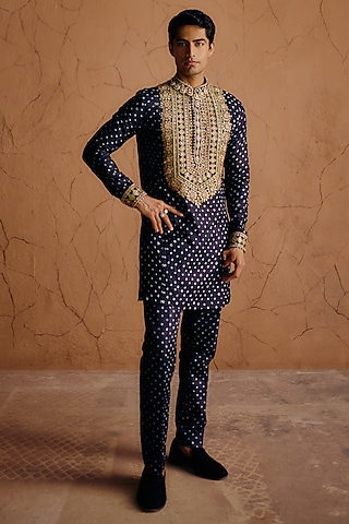 Midnight Blue Habutai Silk Sequins Embroidered Kurta Set by Amaare